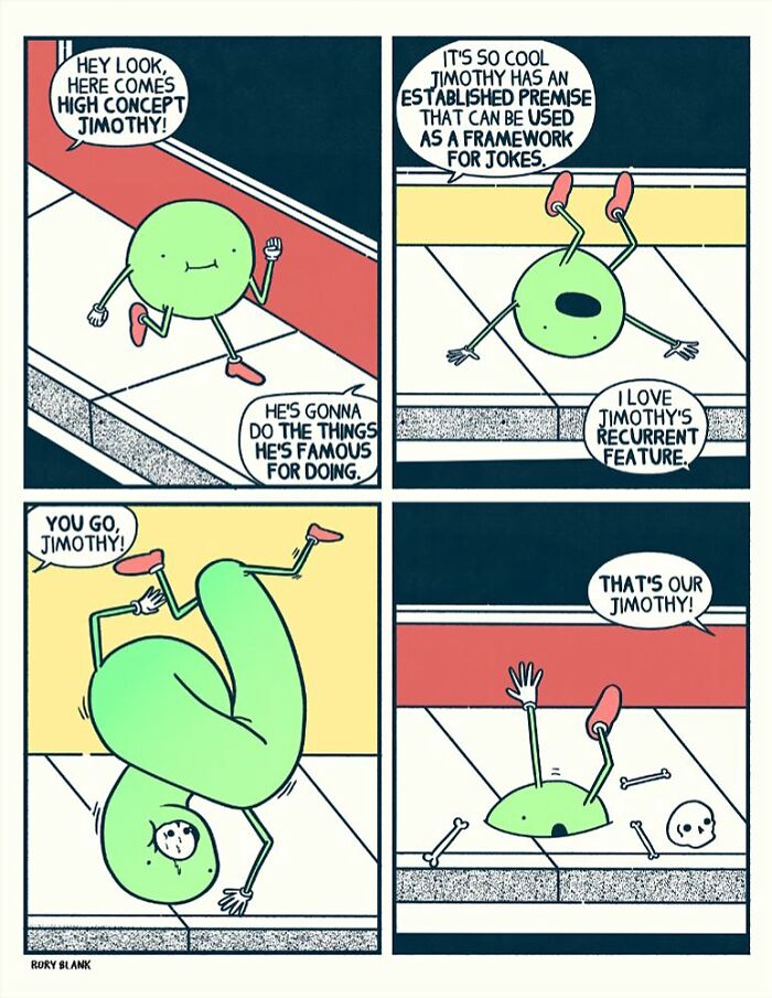 Green abstract character named Timothy performing quirky actions in a darkly funny comic style, reflecting humor and overwhelm.