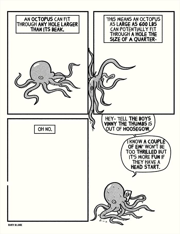 Black and white darkly funny comic featuring an octopus squeezing through a small hole with humor about escape.