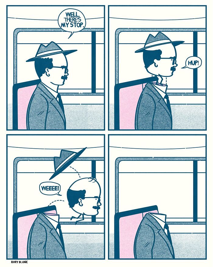 A darkly funny comic strip showing a man on a bus losing his head and hat with a lighthearted tone.