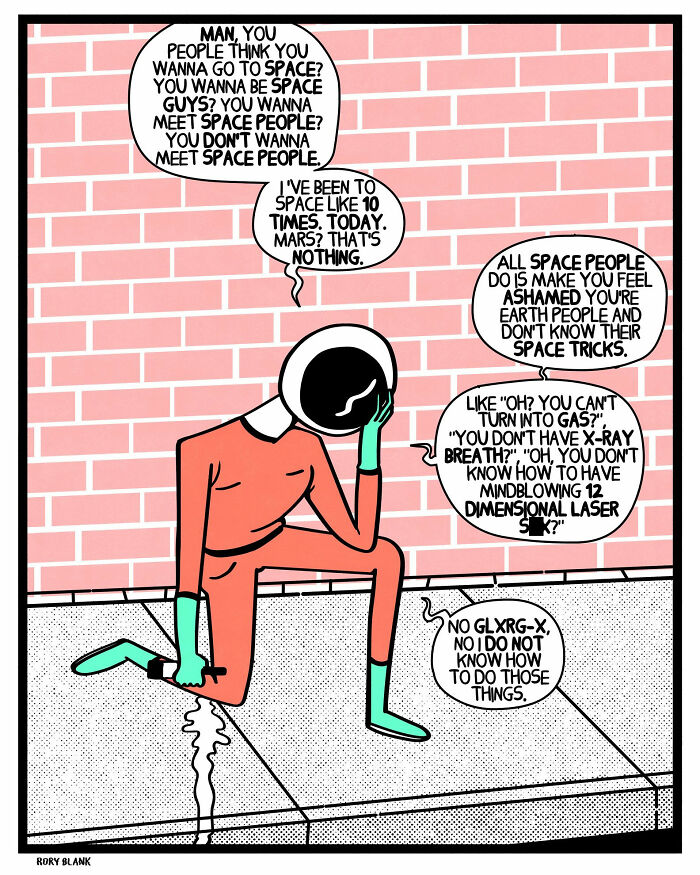 Comic of an astronaut sitting on a sidewalk, humorously reflecting on space people and feeling overwhelmed.