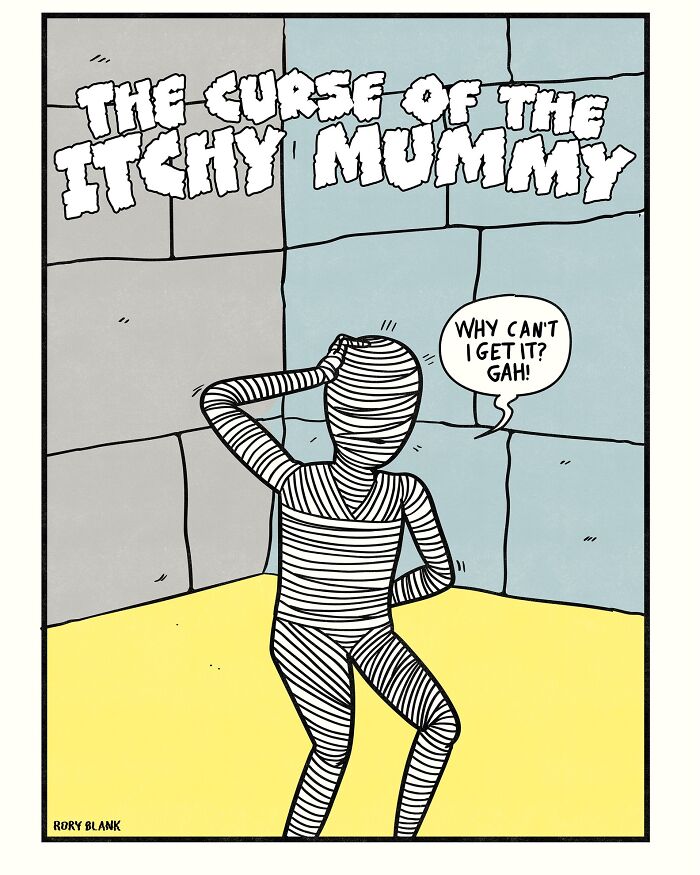 Darkly funny comic of a mummy struggling to reach an itch, illustrating dark humor for overwhelming life moments.