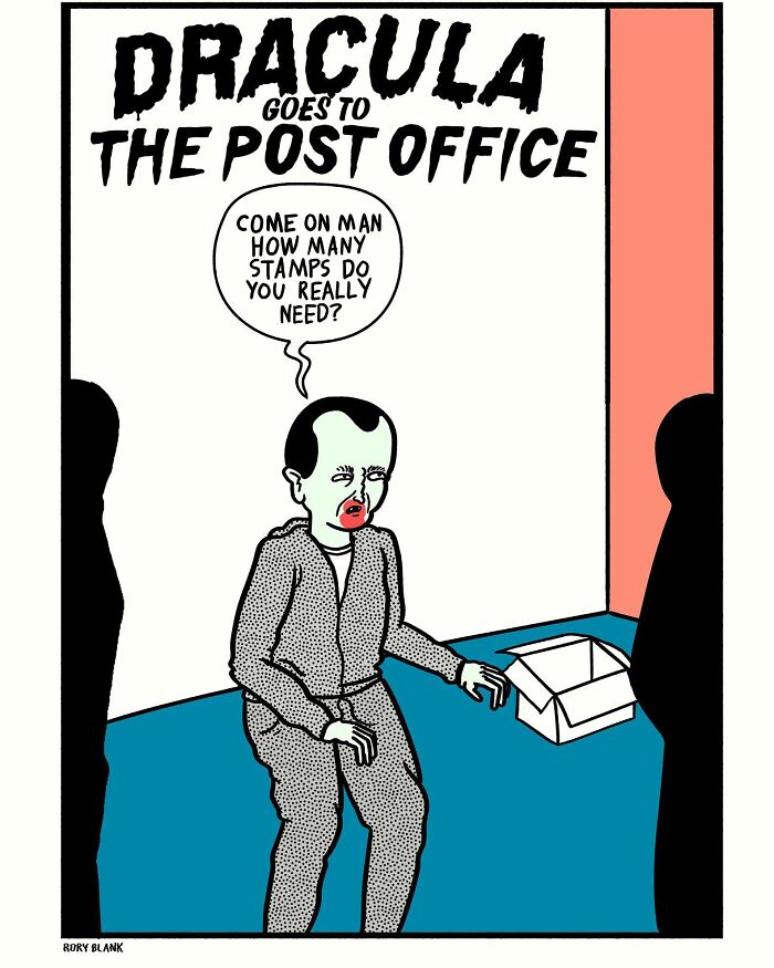Comic of Dracula at the post office humorously questioning the number of stamps needed in a darkly funny comic style.