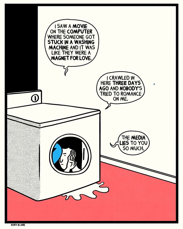 Comic of a person stuck in a washing machine expressing darkly funny thoughts about love and loneliness.