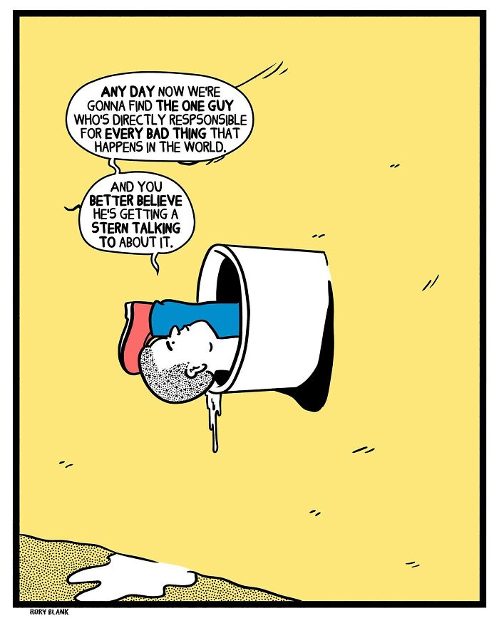 Darkly funny comic showing a man stuck in a pipe with speech bubbles about blaming someone for bad things in life.