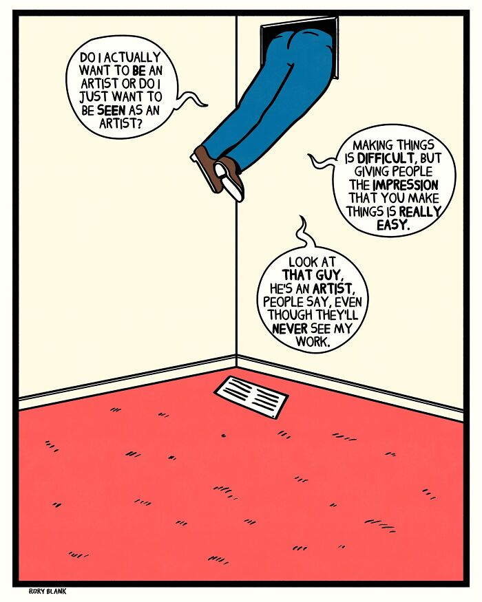 Comic panel with a person’s legs sticking out of a wall, featuring darkly funny comics about feeling overwhelmed.
