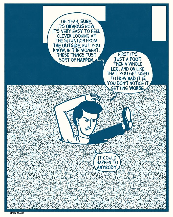 Illustration of a man stuck in quicksand with speech bubbles, a darkly funny comic about feeling overwhelmed by life.