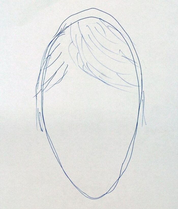 Poorly drawn police sketch with minimal facial features and a rough outline of hair, resembling a bad caricature.