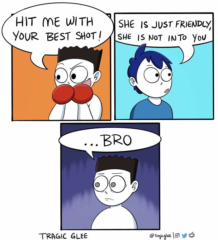 Comic by artist Tragic Glee showing a tragic situation twisted into hilarious dialogue with boxing gloves and a shocked expression.