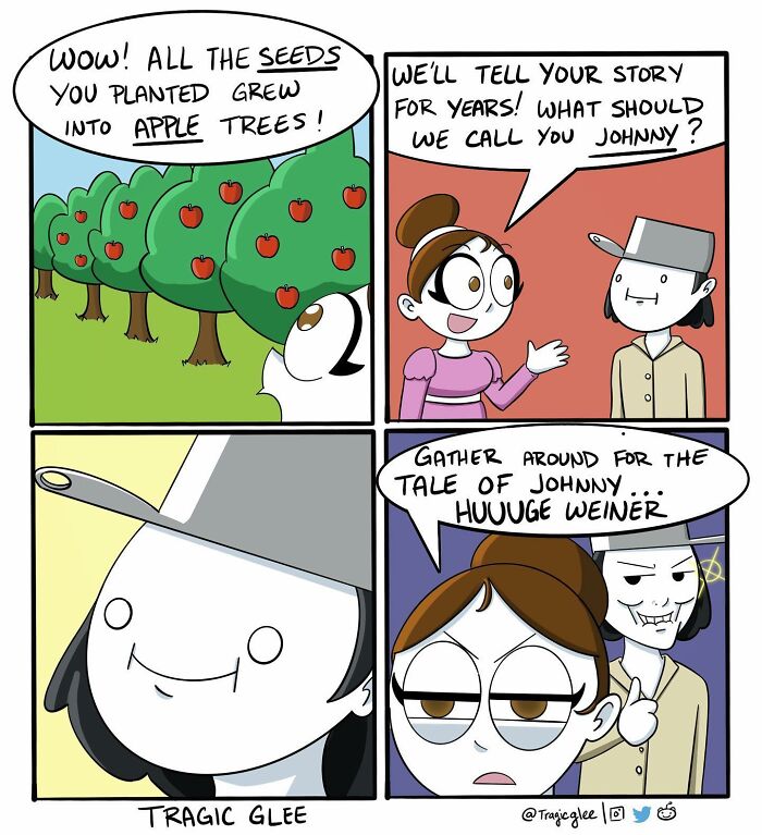 Comic by artist Tragiclee showing a twisted tragic situation turned hilarious with a pun about apple trees and a character named Johnny.