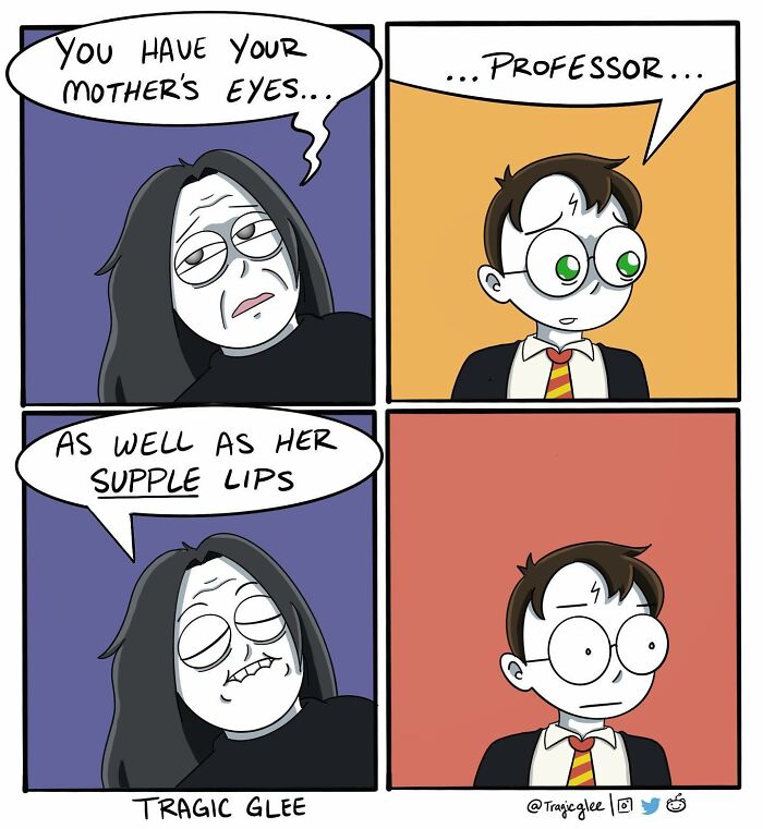Comic panels showing a tragic situation humorously twisted with a Harry Potter lookalike, illustrating hilarious comics by an artist.