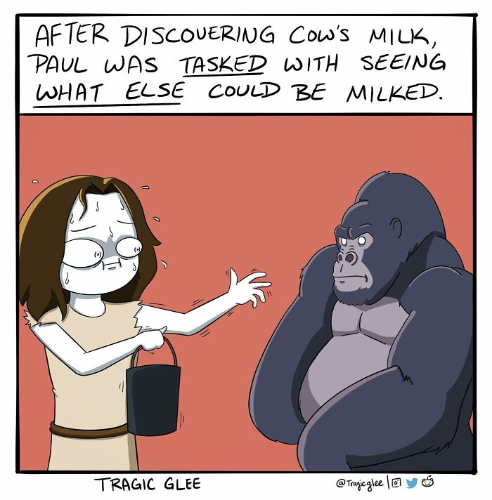 Cartoon showing a person nervously holding a bucket facing a serious gorilla, a tragic situation twisted into a hilarious comic.