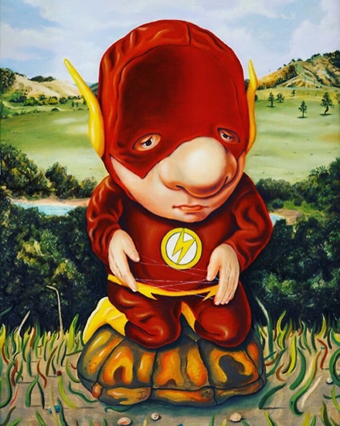 Exaggerated portrait of a sad character in a red costume with a large nose, blending absurd and endearing artistic style.