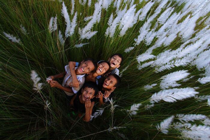 Group of joyful children playing in tall grass, captured in a beautiful photo of childhood around the world.