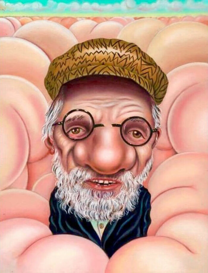 Exaggerated portrait of an elderly man with large nose and glasses surrounded by soft pastel shapes, showcasing absurd and endearing art.