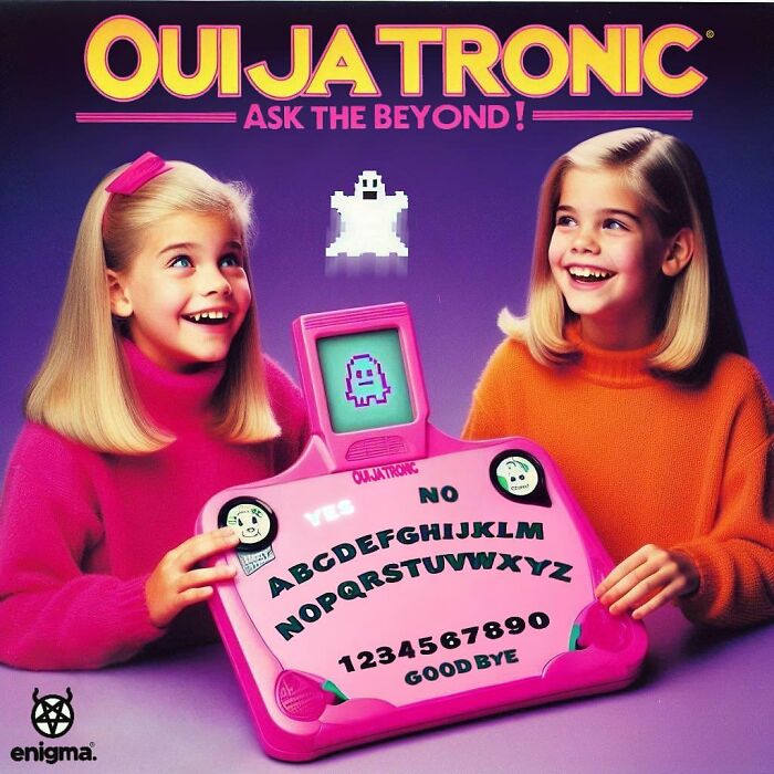 Two girls playing with a pink Ouijatronic toy board, a creepy forbidden toy creation with a ghost figure on screen.