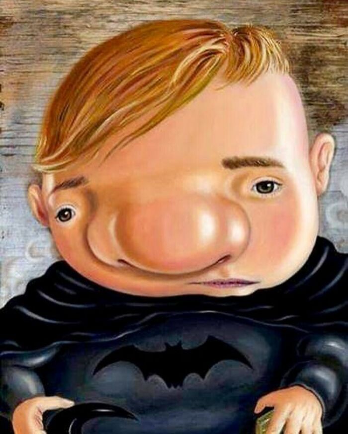 Exaggerated portrait of a boy with a large nose and distorted facial features wearing a black shirt with a bat symbol.