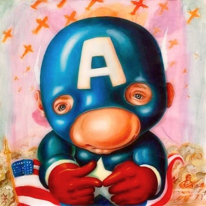 Exaggerated portrait of a character in a blue helmet with letter A, blending absurd and endearing artistic style.