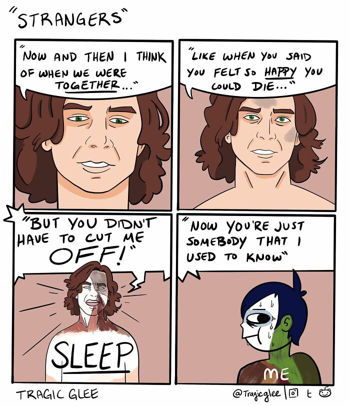 Comic by artist Tragiclee showing a tragic situation twisted into a hilarious comic about a painful breakup.