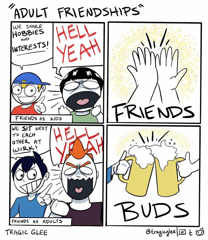 Adult friendships comic by artist showing kids and adults bonding over hobbies and work with high fives and beer cheers.