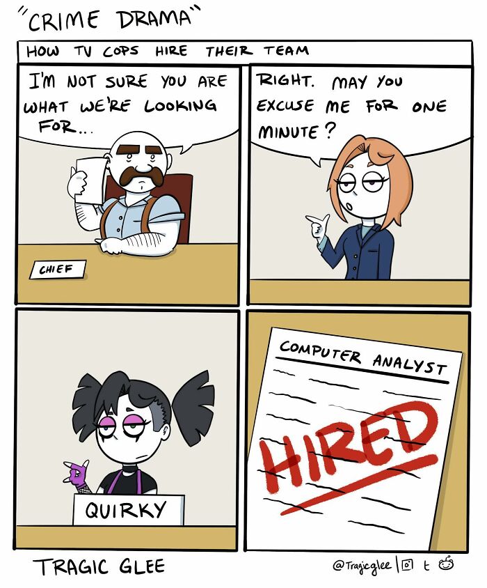 Comic showing a quirky character hired as a computer analyst, highlighting tragic situations twisted into hilarious comics.