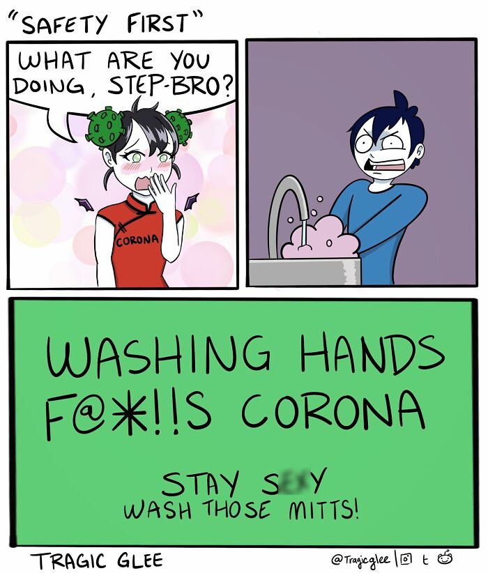 Comic showing a humorous take on tragic situations with characters washing hands to fight coronavirus.