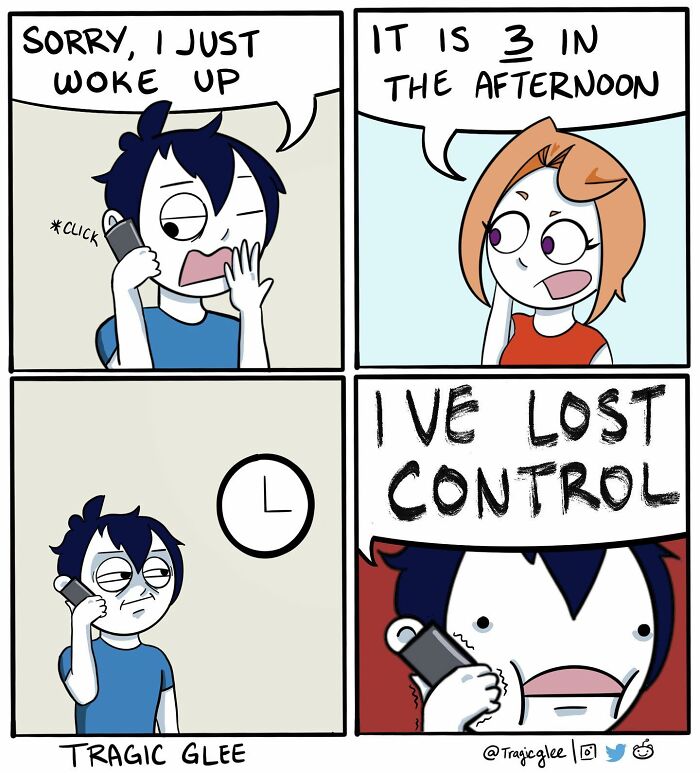 Comic showing a humorous tragic situation with a tired character realizing it is afternoon, illustrating twisted hilarious comics.