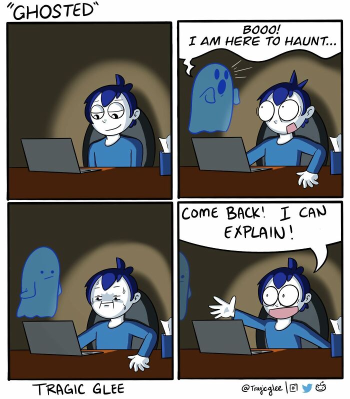 Comic showing a person haunted by a ghost, depicting a tragic situation twisted into a hilarious comic by an artist.