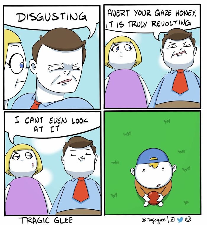 Comic by Tragic Glee showing a man and woman reacting to a child holding a football in a twisted tragic situation.