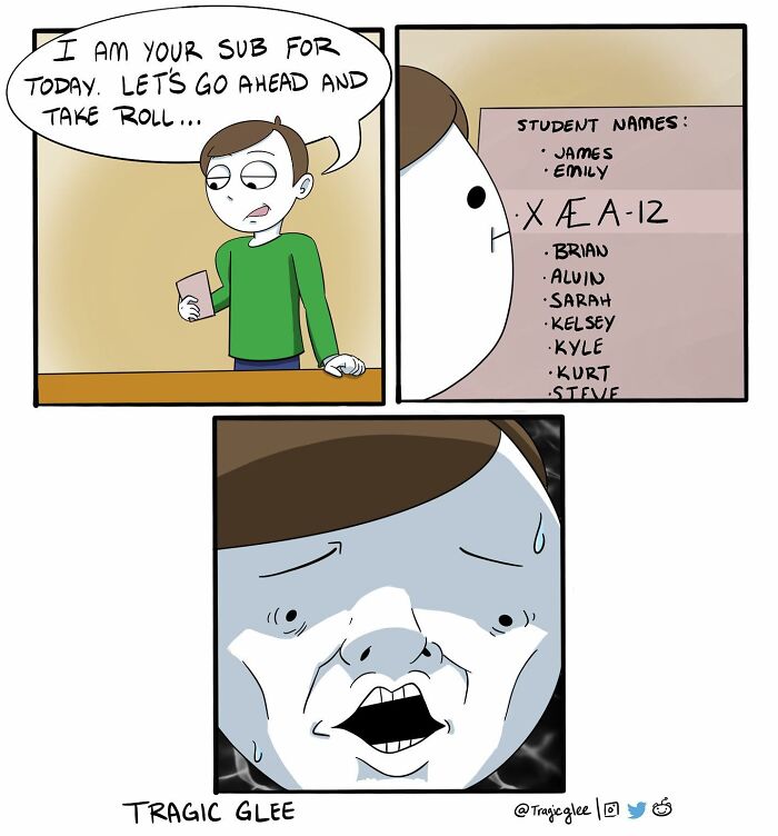 Comic panels showing a substitute teacher struggling to take roll with a confusing student name, humorous tragic situation artwork.