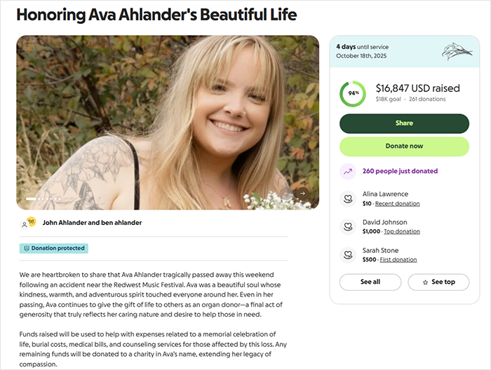 Smiling young woman at memorial page, honoring life lost in freak accident at music festival attended to see Post Malone.