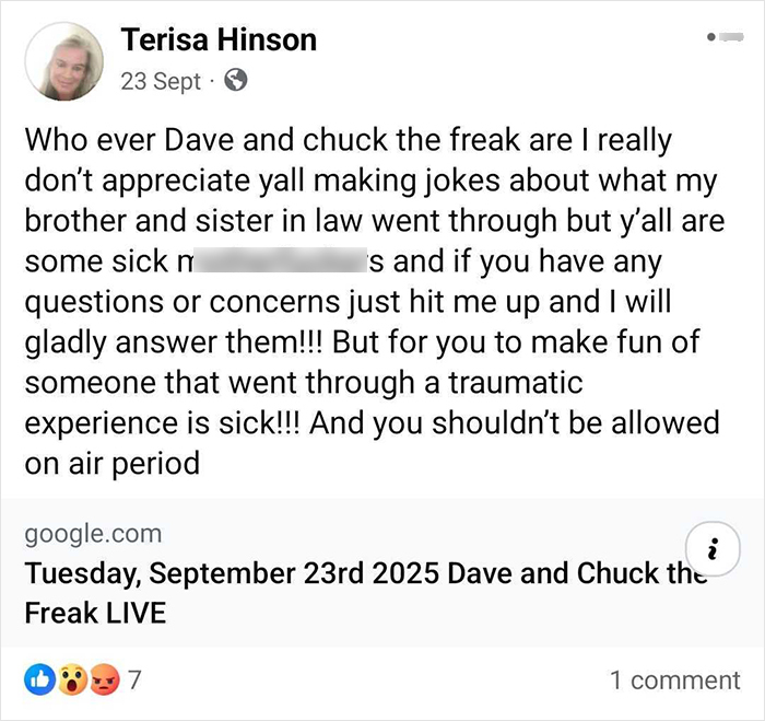 Social media post expressing anger over jokes about sister&rsquo;s emotional reaction after missing brother found alive following years locked in basement.