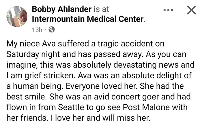 Facebook post about a woman, 23, who lost her life in a freak accident at a music festival to see Post Malone.
