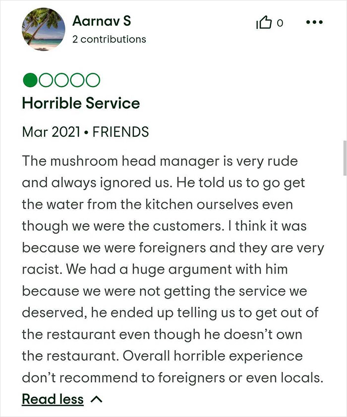 Review screenshot showing complaint about rude service and being kicked out of a Japanese restaurant over revealing sports attire. Review screenshot showing complaint about rude service and being kicked out of a Japanese restaurant over revealing sports attire.