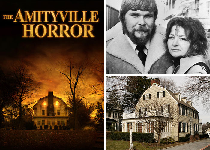 Poster of The Amityville Horror with eerie house at dusk, black and white photo of a couple, and real-life Amityville house exterior.