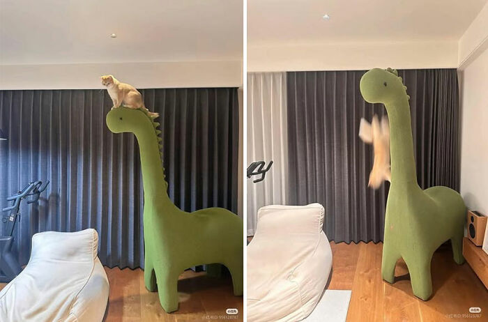 Cat caught in a hilarious moment jumping off a large green dinosaur-shaped chair in a living room.