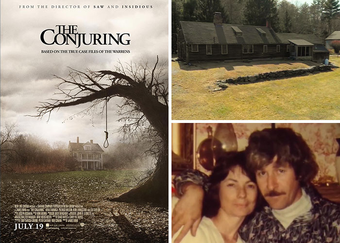 Poster and real-life locations related to horror films inspired by terrifying and mysterious true events.
