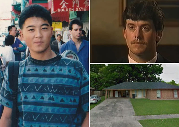 Young man in patterned shirt, serious man with mustache, and suburban house featured in Halloween tragedies story.