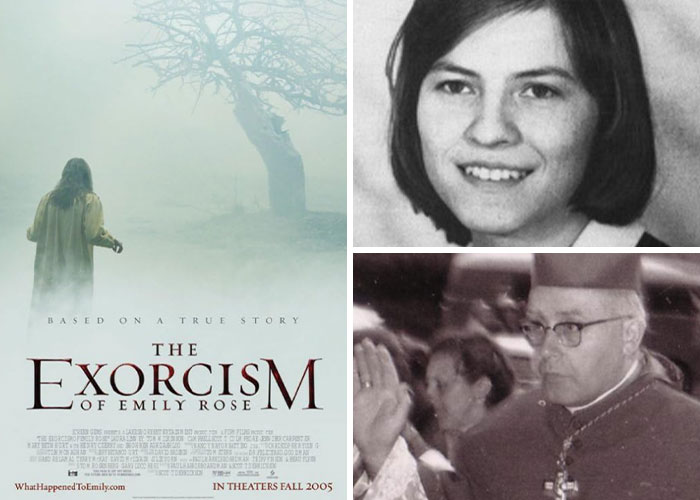 Poster and photos related to horror films inspired by terrifying and mysterious real-life events, including The Exorcism of Emily Rose.