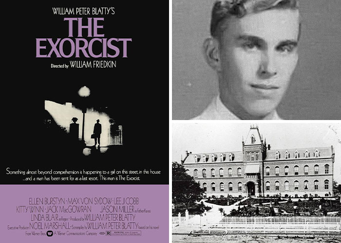 Poster of The Exorcist movie with black and white photos of a young man and a historic building inspired by real-life events.