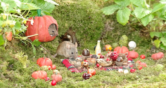 Wild mice enjoying a detailed Halloween village picnic with miniature pumpkins and treats in a garden setting.