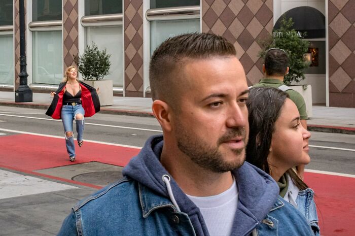 Street photographer captures humor and chaos in everyday life with candid shots of people on a city street.