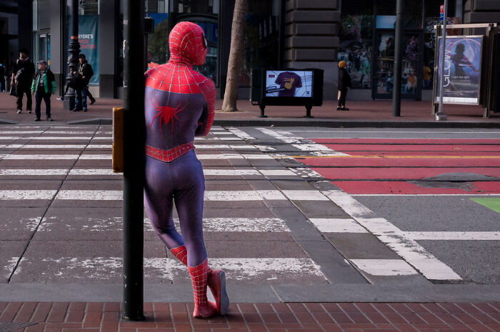 Street photographer captures humor and chaos with a person dressed as Spider-Man leaning on a pole by a crosswalk.