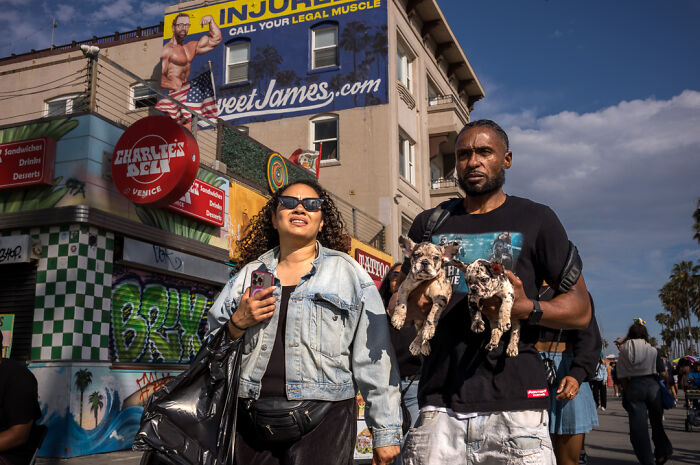 Street photographer captures humor and chaos in everyday life with candid shot of couple walking dogs under bright sky.