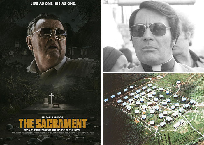 Poster of The Sacrament horror film, a man wearing glasses, and an aerial view of a real-life mysterious cult compound.