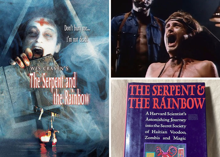 Poster of The Serpent and the Rainbow horror film, scenes showing horror and t*****e, and related book cover on voodoo and zombies.
