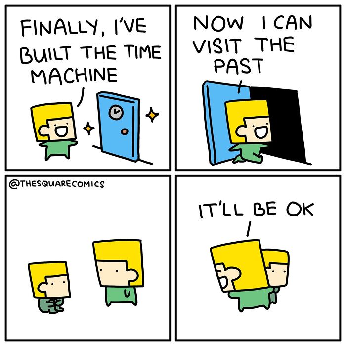 Comic strips depicting a character using a time machine, capturing the darkly funny struggle of adulthood.