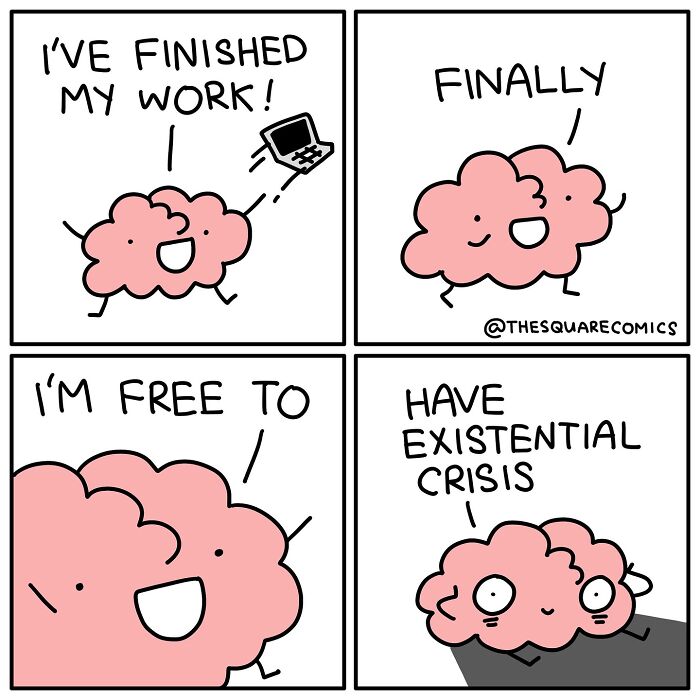 Cartoon brain character humorously depicting the struggle of adulthood and existential crisis in a darkly funny comic.