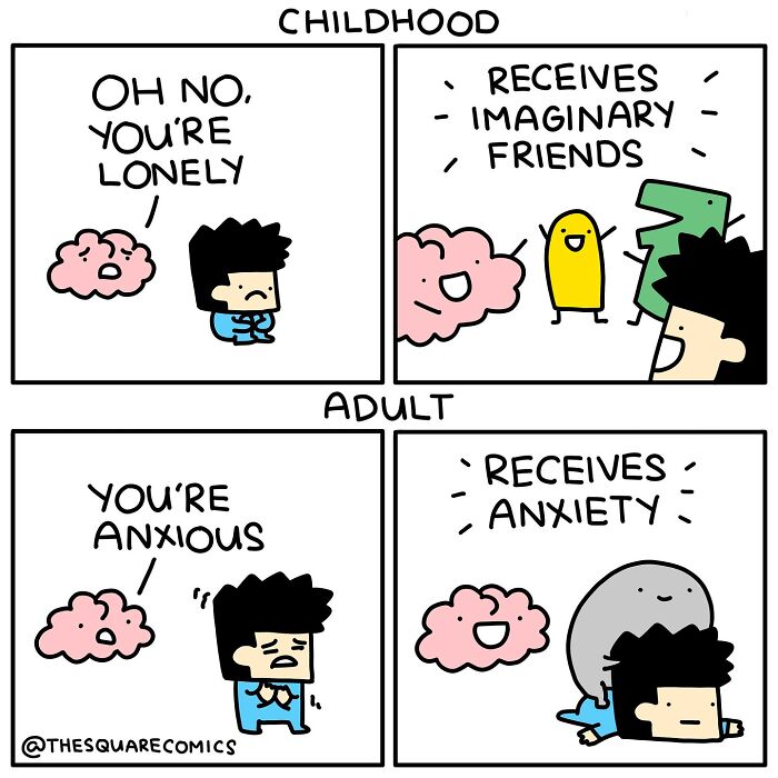 Comic illustrating the struggle of adulthood with anxiety contrasted to childhood imaginary friends in a darkly funny style.