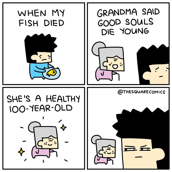 Comic strip showing a darkly funny moment capturing the struggle of adulthood with humor about life and loss.