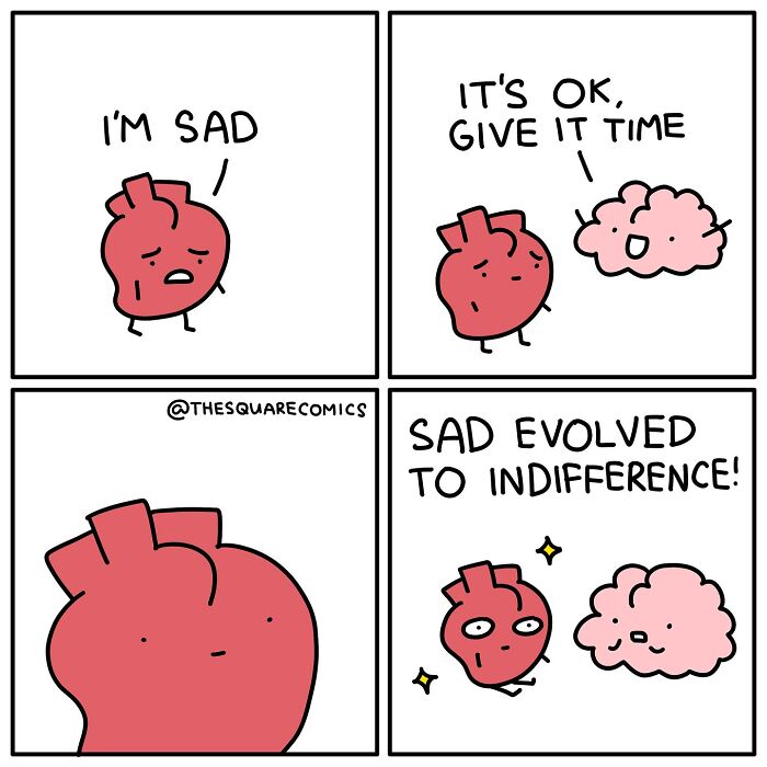 Heart and brain comic illustrating darkly funny struggle of adulthood with emotions evolving from sadness to indifference.